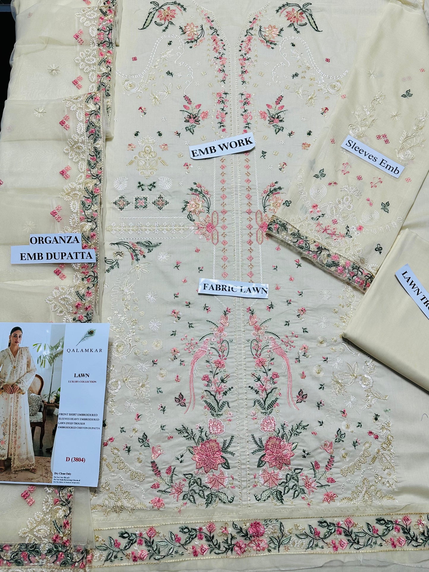 QALAMQAR - 3PC LAWN EMBROIDERED SHIRT WITH ORGANZA EMBROIDERED DUPATTA AND TROUSER -BIC-3804