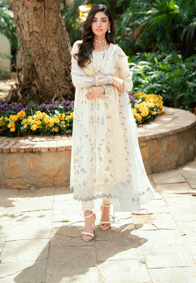 QALAMQAR - 3PC LAWN EMBROIDERED SHIRT WITH NET EMBROIDERED DUPATTA AND TROUSER -BIC-3801