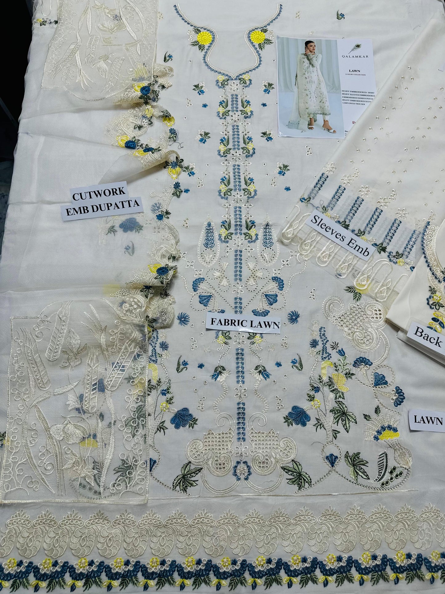 QALAMQAR - 3PC LAWN EMBROIDERED SHIRT WITH NET EMBROIDERED DUPATTA AND TROUSER -BIC-3801