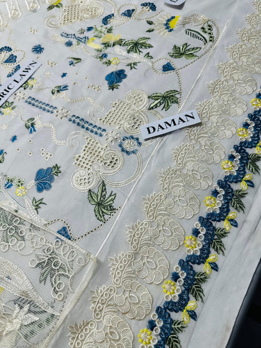 QALAMQAR - 3PC LAWN EMBROIDERED SHIRT WITH NET EMBROIDERED DUPATTA AND TROUSER -BIC-3801