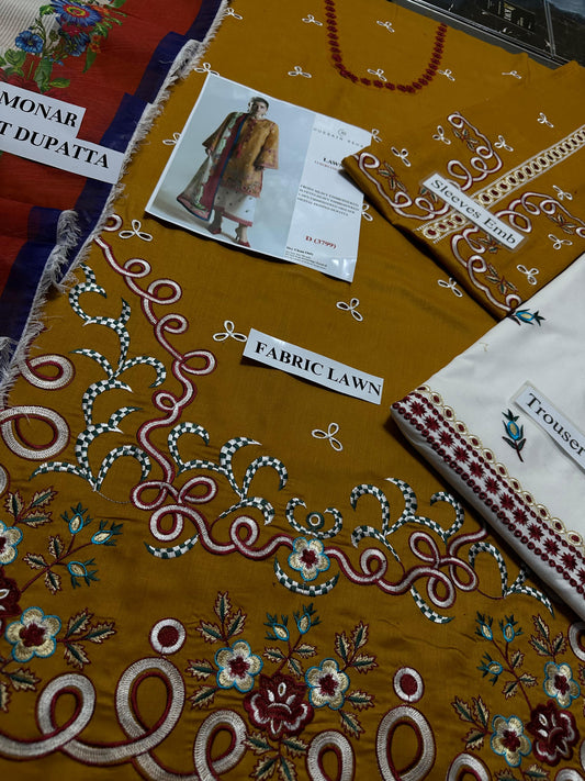 HUSSAIN REHAR - 3PC LAWN HEAVY EMBROIDERED SHIRT WITH MONARK PRINTED DUPATTA AND EMB TROUSER-BIC-3799